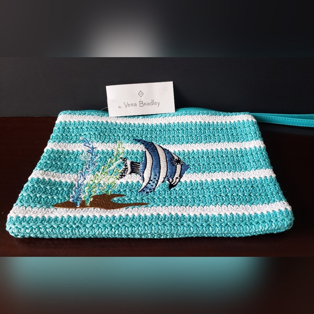 Vera Bradley Turquoise and White Striped Clutch with Fish Design - Picture 2 of 5